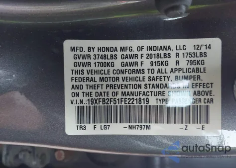 2015 Honda Civic Lx z USA, uszkodzony, nr VIN 19XFB2F51FE221819